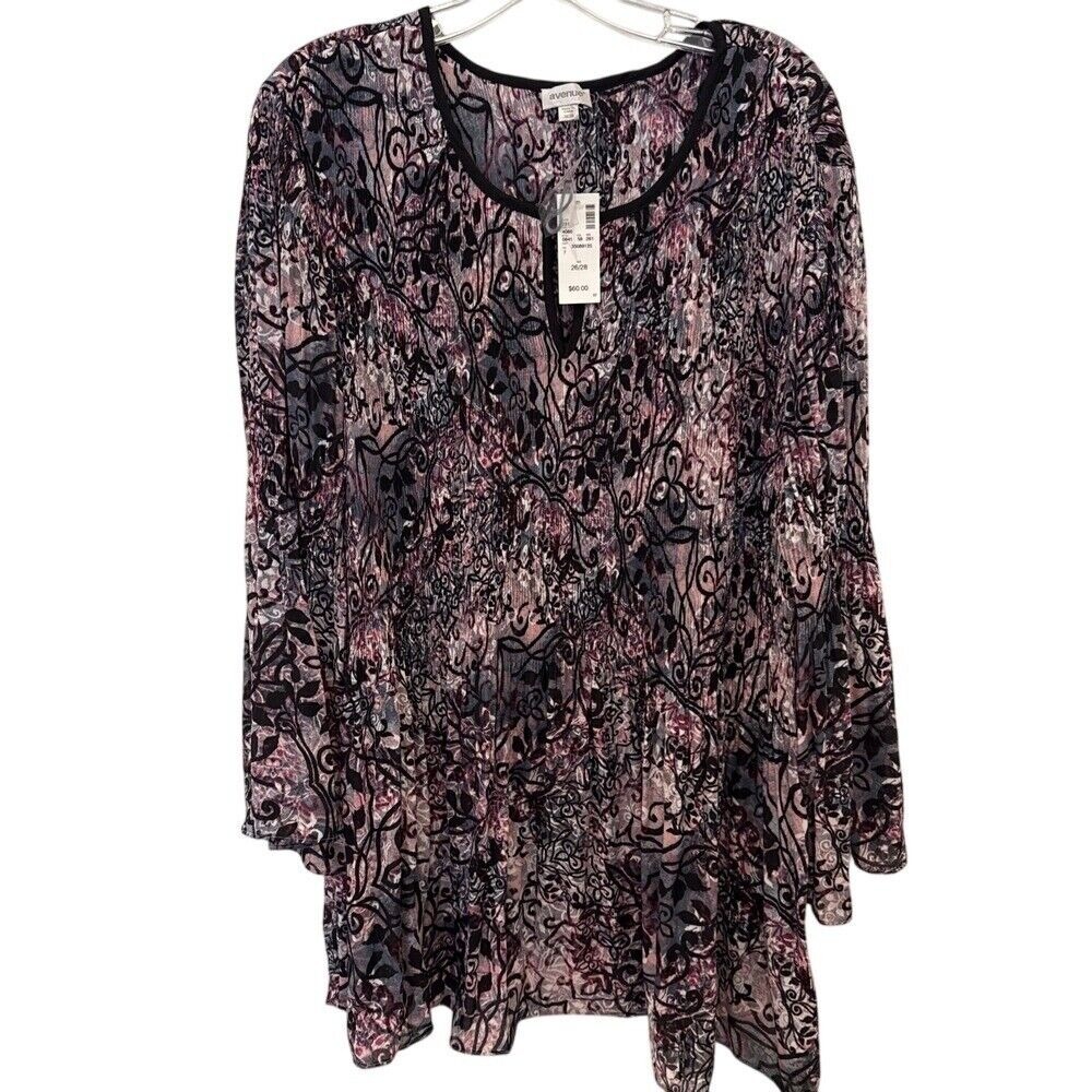 Avenue Top Plus Size 26/28 Flare Sleeve Paisley Scoop Neck‎ Button Casual Purple